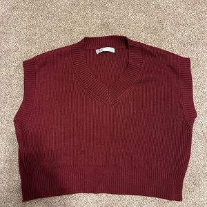 Zara Women's Deep Red V-Neck Sweater Vest XL